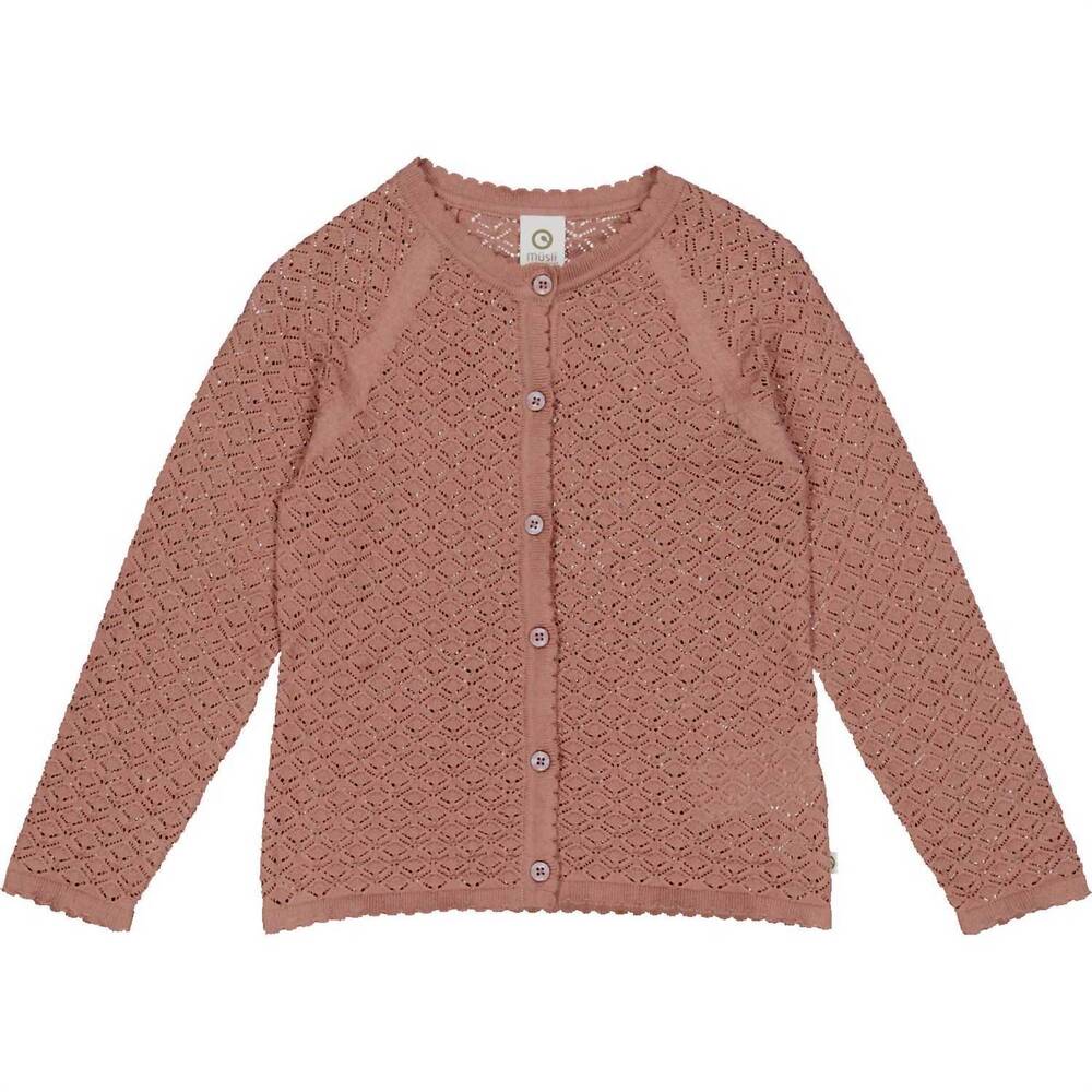 NEW MÜSLI girl's knit scallop cardigan in pink/ brown